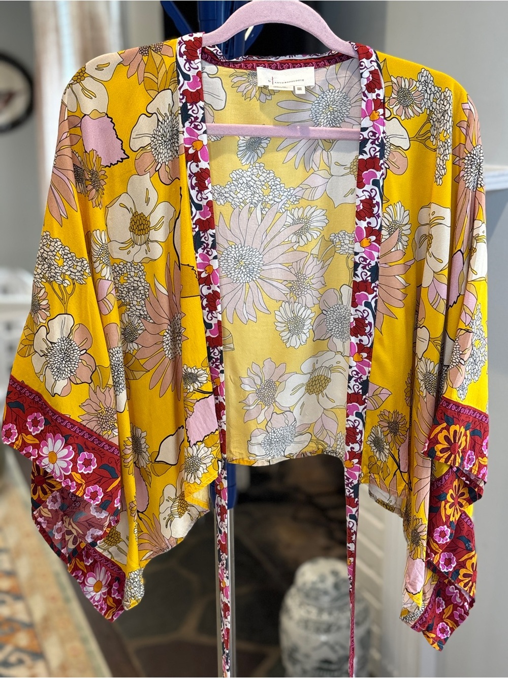 Anthropologie Open Kimono Tie Front Yellow Floral One Size